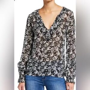 PAIGE 100% Silk Robin Blouse Black and White Floral Gardenia Designer - Small